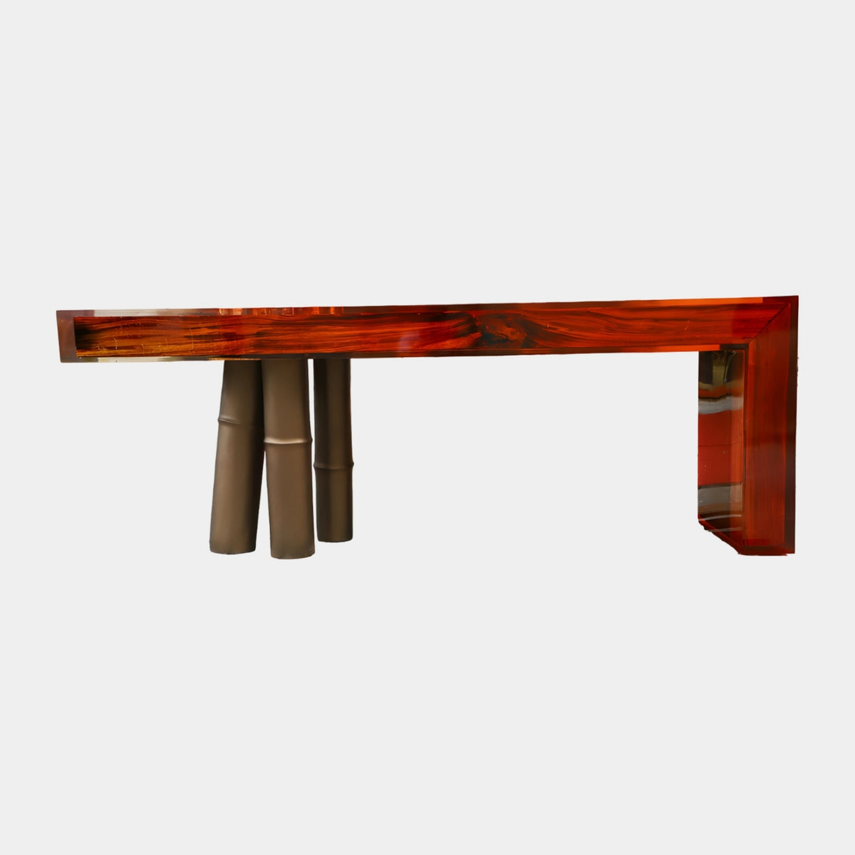Figured Timber Top Bamboo Column Console, 220cm, with glossy red-brown wood top and end panel on dark metal bamboo-form legs, shown on a plain white background.