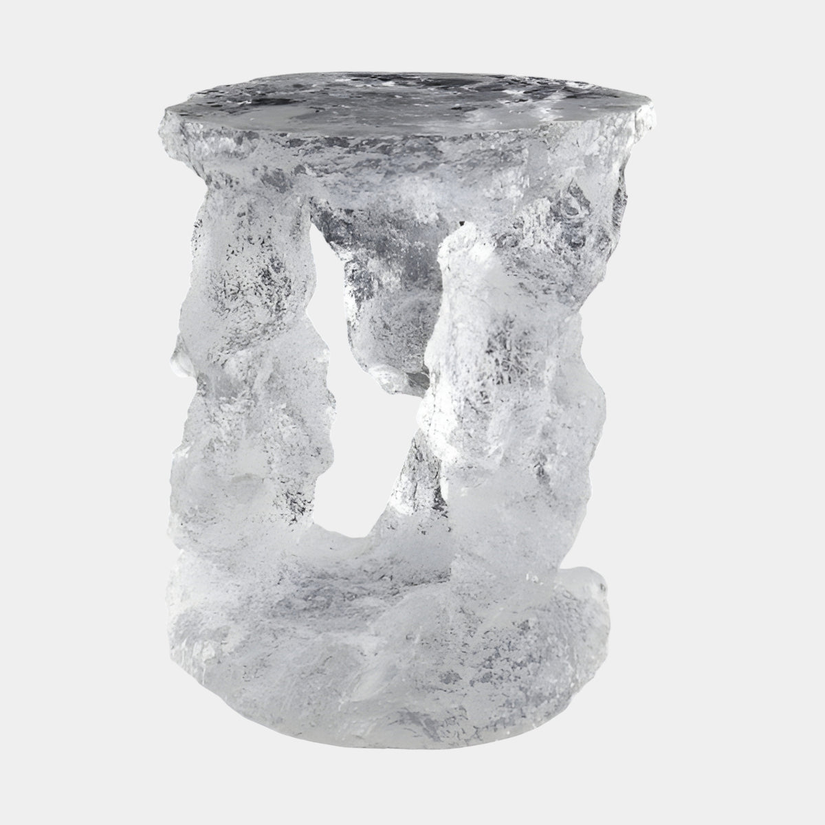 Clear Ice Form Three Column Resin Stool (45cm) with rough, icy textured top and columns rising from a continuous base, shown on a plain white background.