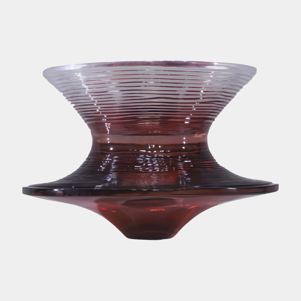 Plum Ribbed Hourglass Cast Acrylic Side Table, 68cm, with ribbed flaring dish and wide flat flange, plum to clear rose tones, on a plain white background.