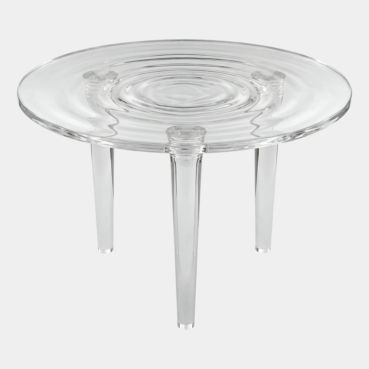 Clear Ripple Disc Three Leg Cast Resin Table, 140cm, with concentric ripple pattern and three tapering legs, shown on a plain white background.