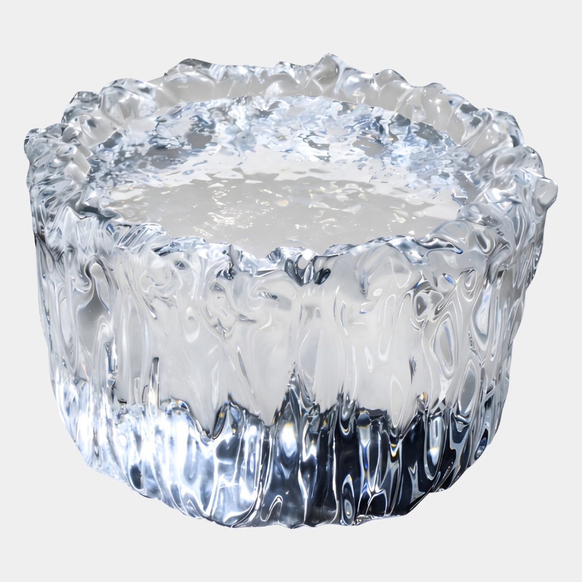 Clear Rippled Water Drum Cast Resin Low Table (60cm) by Giant Sculptures, round form with rippled sides and crested rim, on a plain white background.