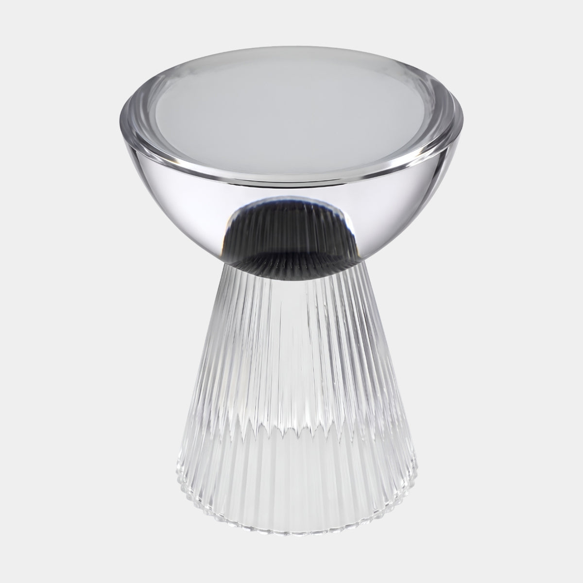Clear Bowl Top Fluted Cone Cast Resin Stool, 43cm, with mirrored bowl top and ribbed cone base, shown against a plain white background.