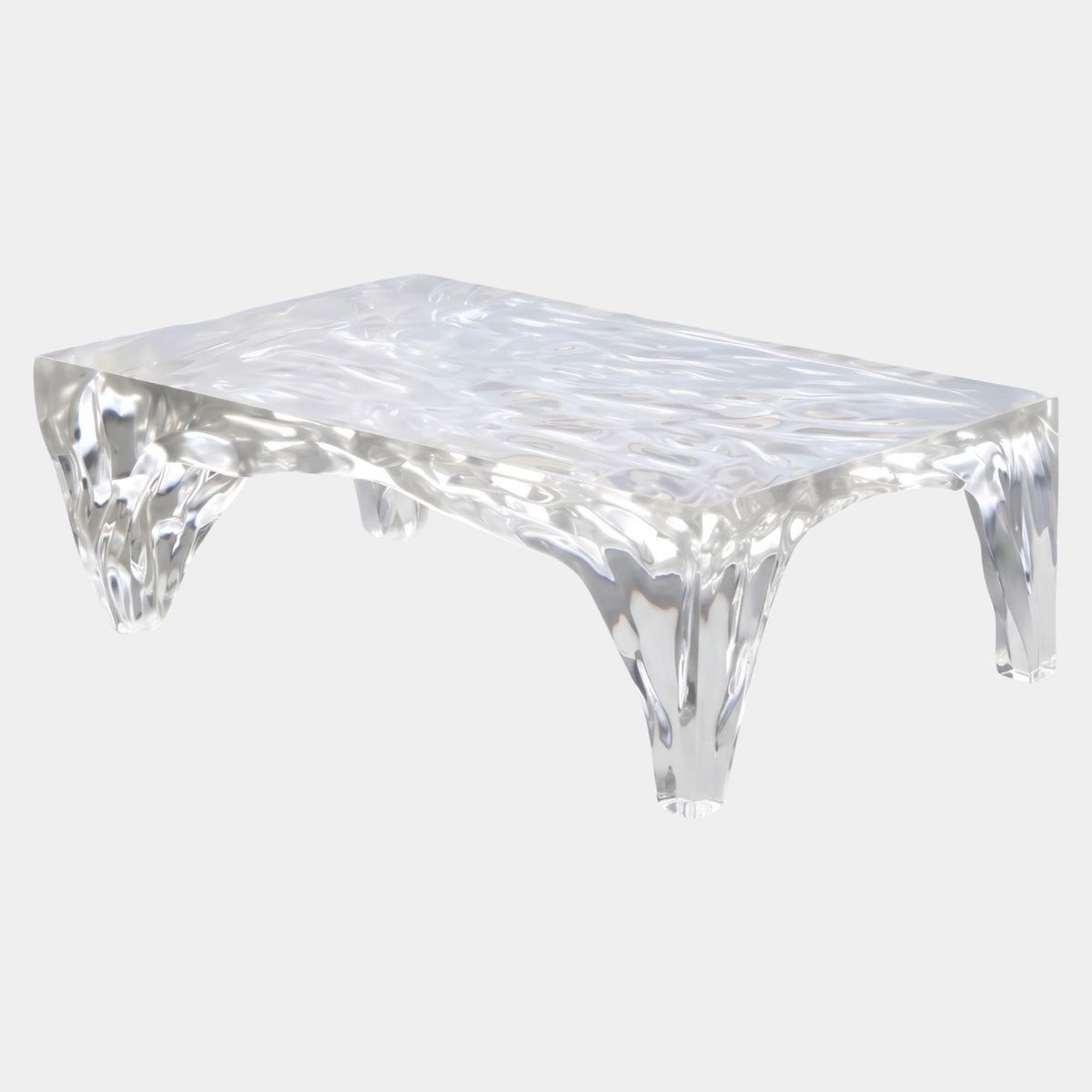 Clear Water Block Melting Leg Resin Low Table (125cm) by Giant Sculptures, rippled transparent resin top with tapered melting legs, shown on a plain white background.
