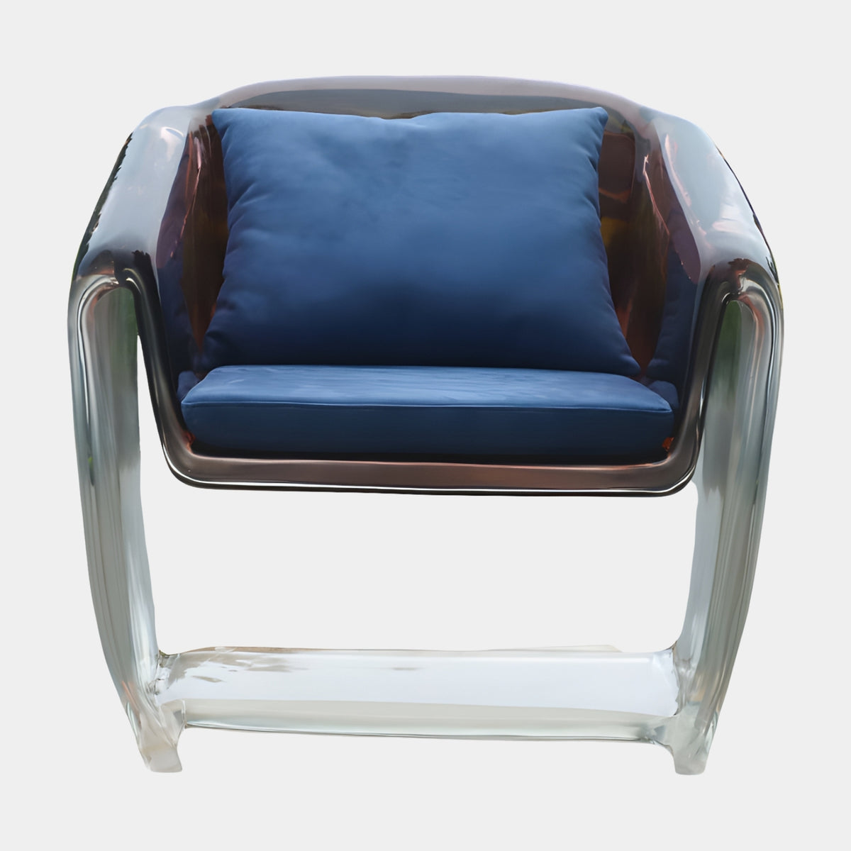Navy Cushion Wrapped Arm Cast Resin Armchair, 75cm, with clear resin shell and navy seat and back cushions, shown on a plain white background.