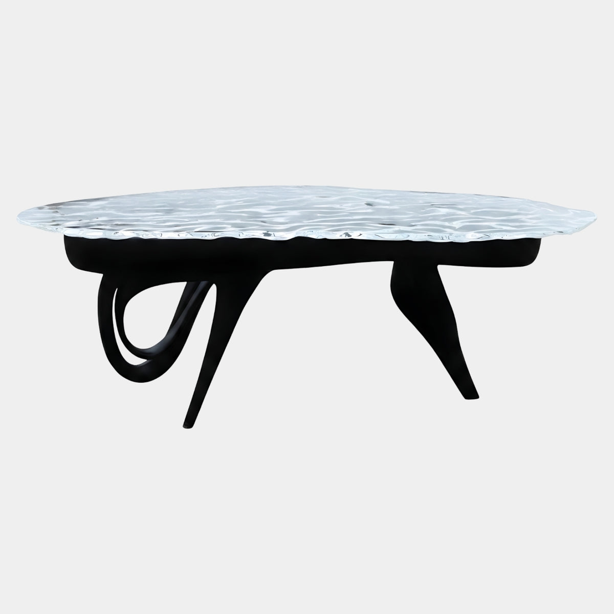 Clear Frozen Top Black Sculpted Leg Dining Table - 220cm with scalloped resin top on tapering, looped black fiberglass legs, shown on a plain white background.