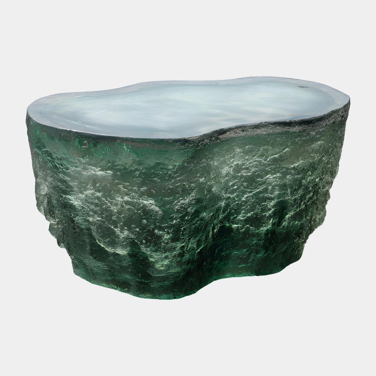 Green Iceberg Mass Cast Resin Low Table, 110cm, with a smooth pale polished top and rough green textured sides, shown on a plain white background.