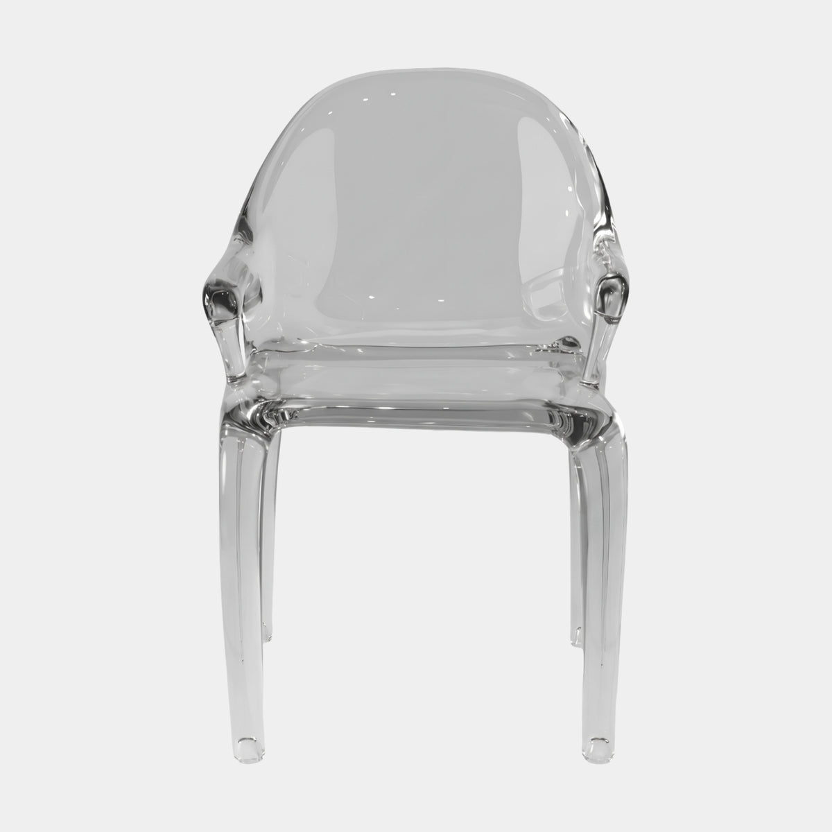 Front view of the Clear Rounded Shell Back Cast Resin Dining Chair, 81cm, with rounded shell back, wrapped arms, and tapering legs, on a plain white background.