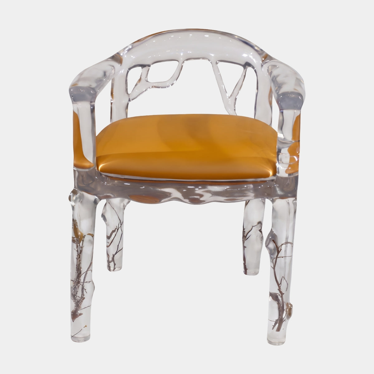 Clear Branch Back Amber Seat Cast Resin Armchair, 72cm, with clear resin frame, branch-form open back, twig-embedded legs, and amber seat pad on a plain white background.