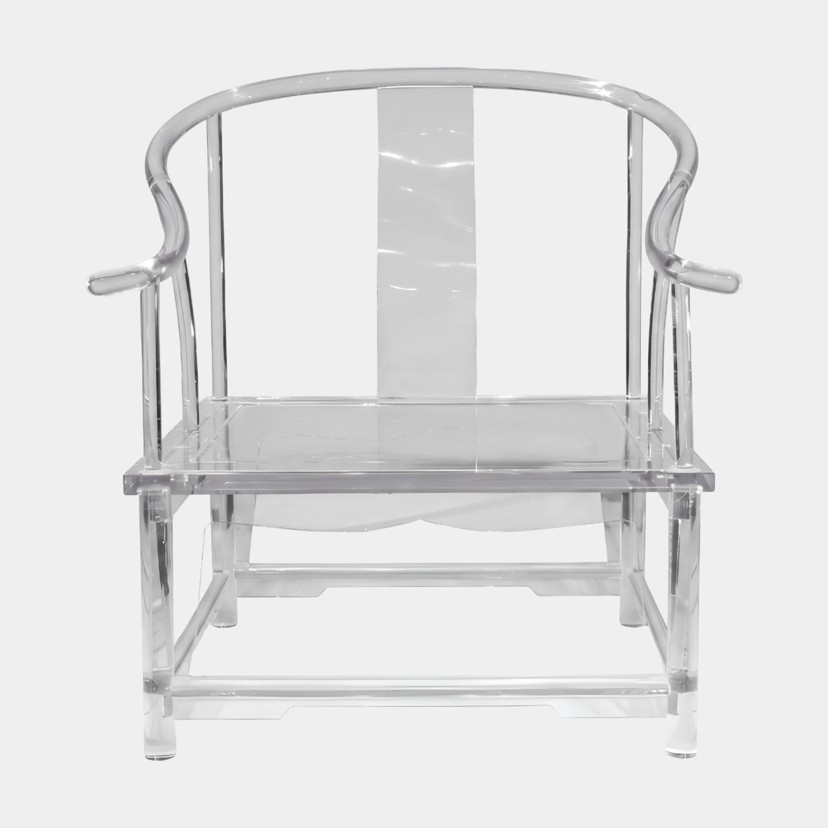Clear Horseshoe Back Carved Acrylic Armchair, 110cm, with curved crest rail, flat center splat, and square stretcher base, shown against a plain white background.