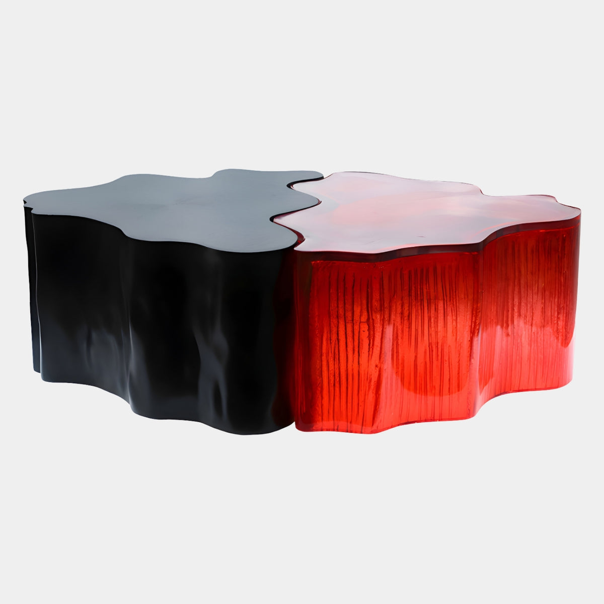Black & Red Two Part Wave Cast Resin Low Table, 160cm, with matt black and glossy translucent red sections joined by a wavy cut, on a plain white background.