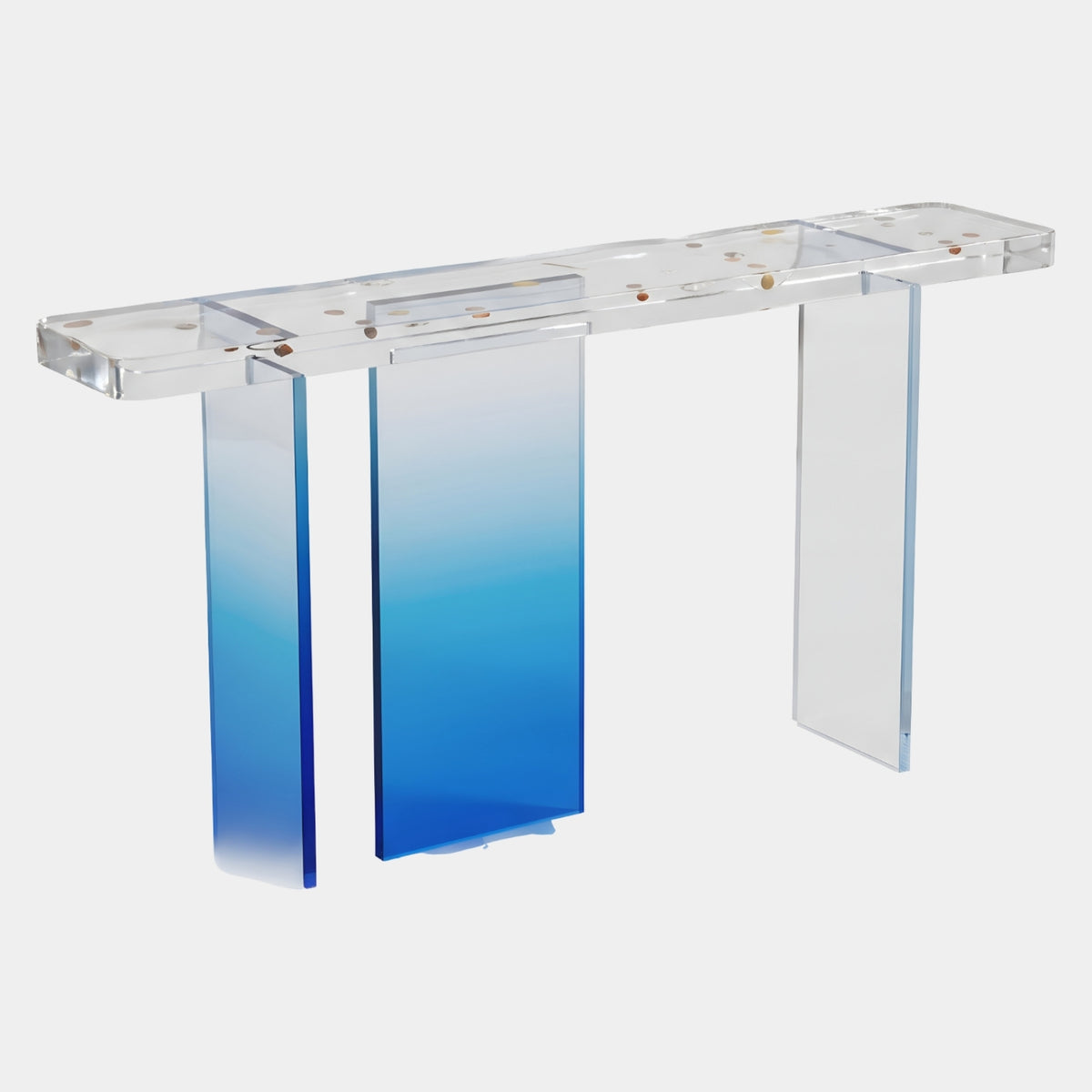 Clear to Blue Blade Leg Cast Resin Console, 180cm, with amber inclusions in the clear top and two legs fading to blue, one clear leg, on a plain white background.