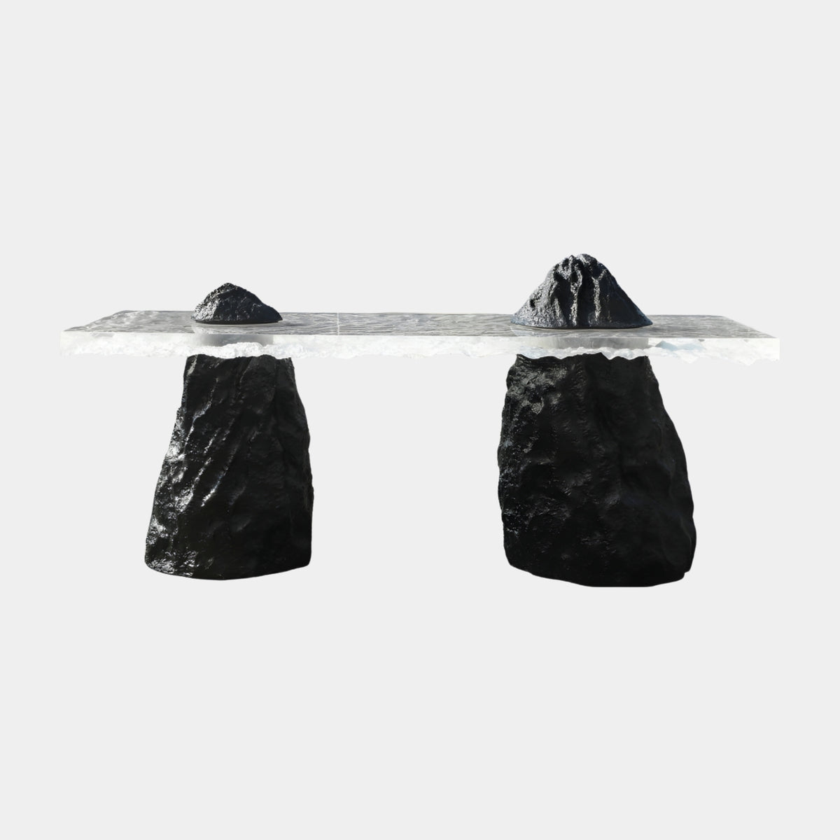 Clear Frozen Slab Two Rock Peak Resin Dining Table, 190cm, with black rock peaks rising through an icy clear slab above two rough black pedestals, on a plain white background.