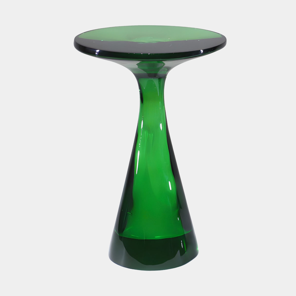 Emerald Green Waisted Column Cast Resin Side Table, 60cm, round top and cone foot, on a plain white background.