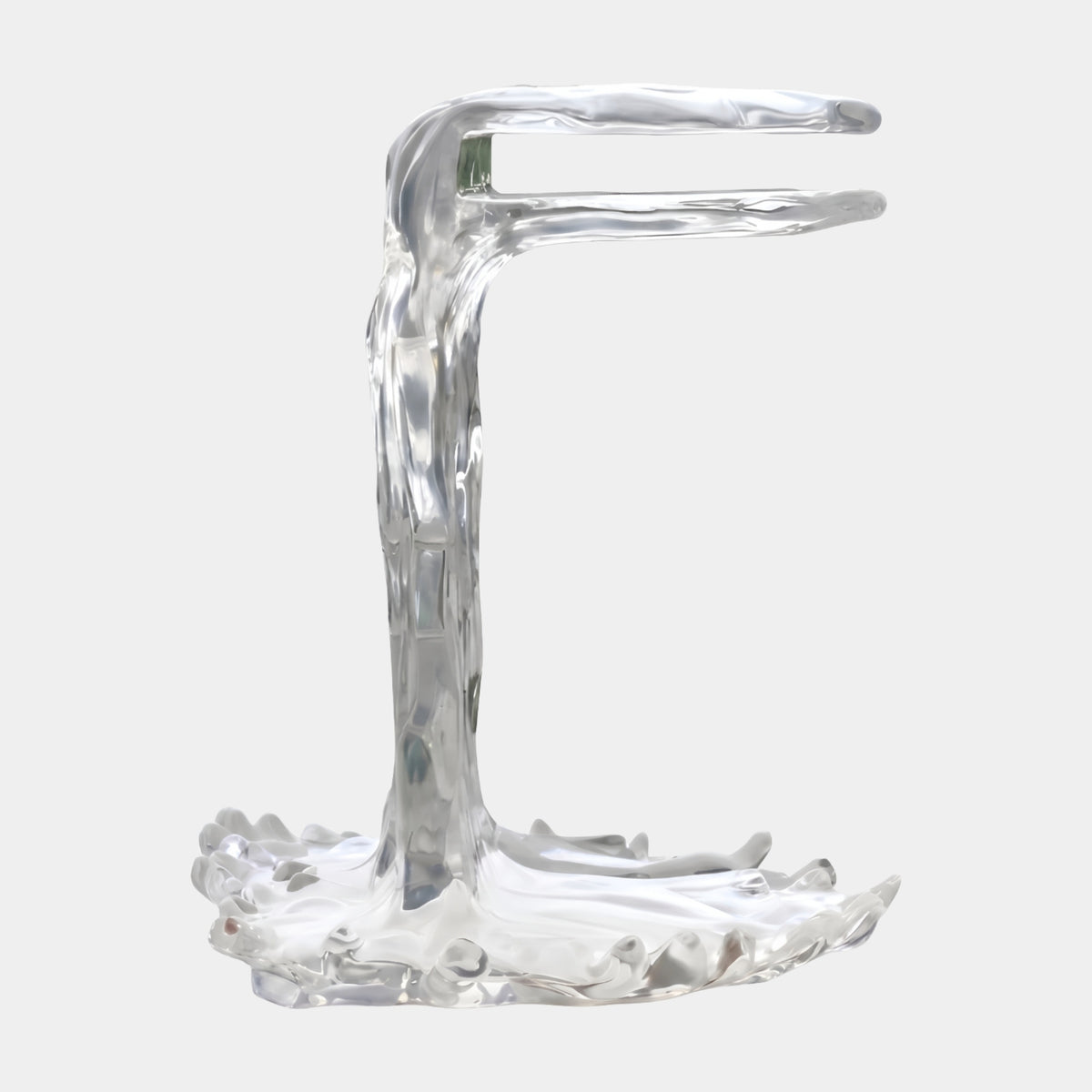 Clear Twin Prong Water Column Resin Sculpture - 80cm, a polished clear resin column rising from a splash base and splitting into two horizontal prongs, on a plain white background.