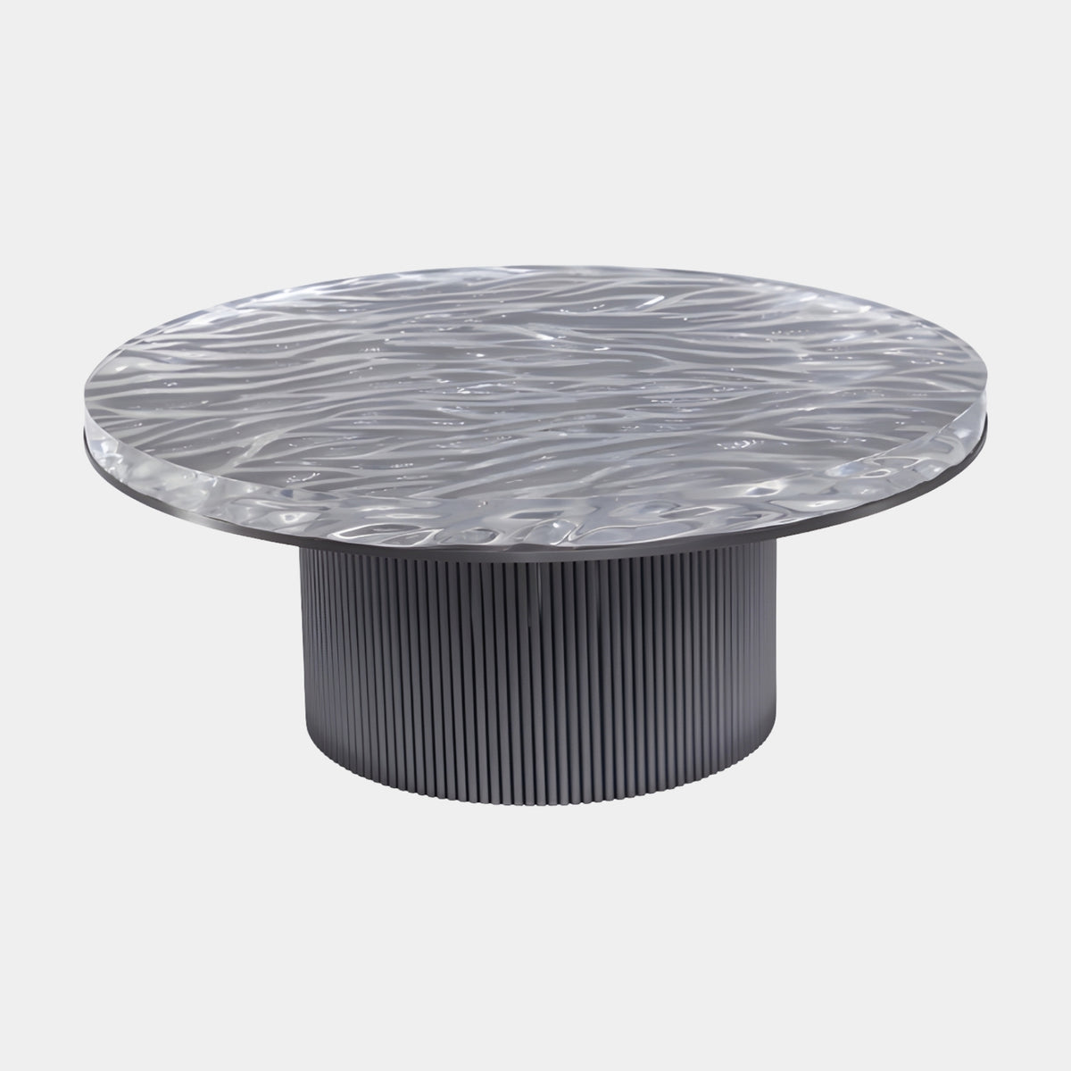 Clear Wave Top Fluted Metal Drum Coffee Table, 80cm, with a resin wave-textured top on a charcoal fluted drum base, shown against a plain white background.