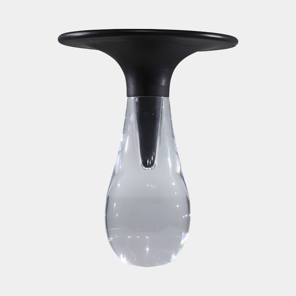 Black Trumpet Top Clear Teardrop Resin Side Table, 50cm, with a matte black disc and stem set into a clear resin teardrop base, shown on a plain white background.
