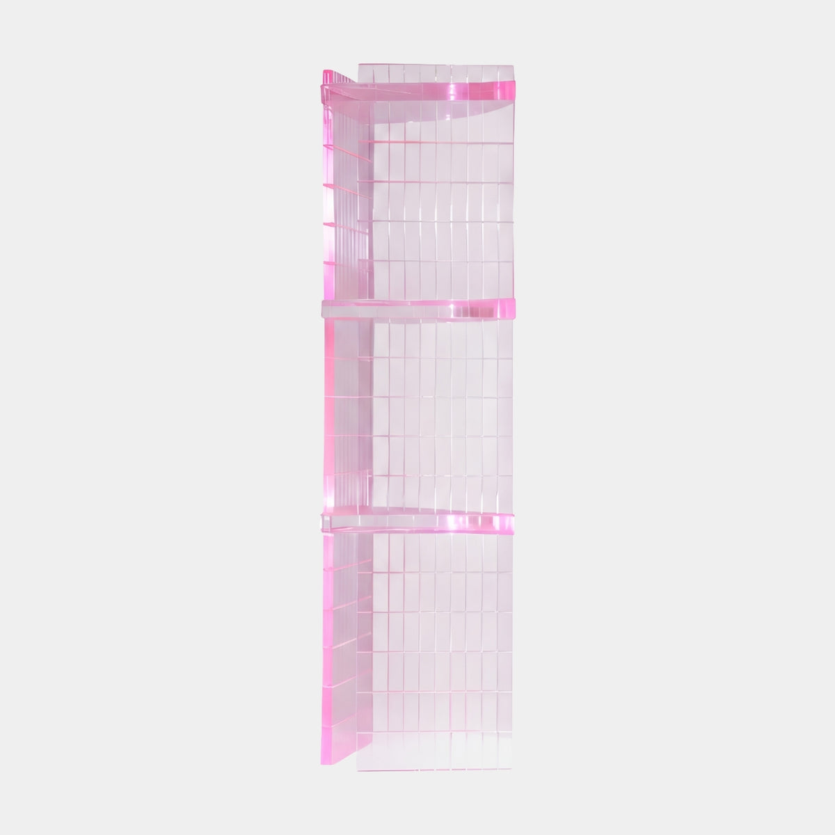 Pink Gridded Wall Cast Resin Shelving Tower - 90cm, a tall narrow three-tier shelf with fine square-gridded faces and pink-edged rails, shown on a plain light background.