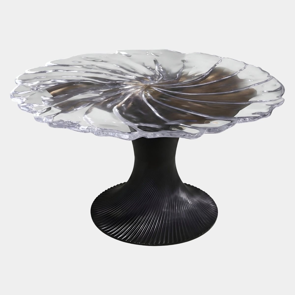 Clear Lily Pad Top Ribbed Black Base Dining Table, 150cm, with scalloped acrylic top on a ribbed matt black trumpet base, shown on a plain white background.