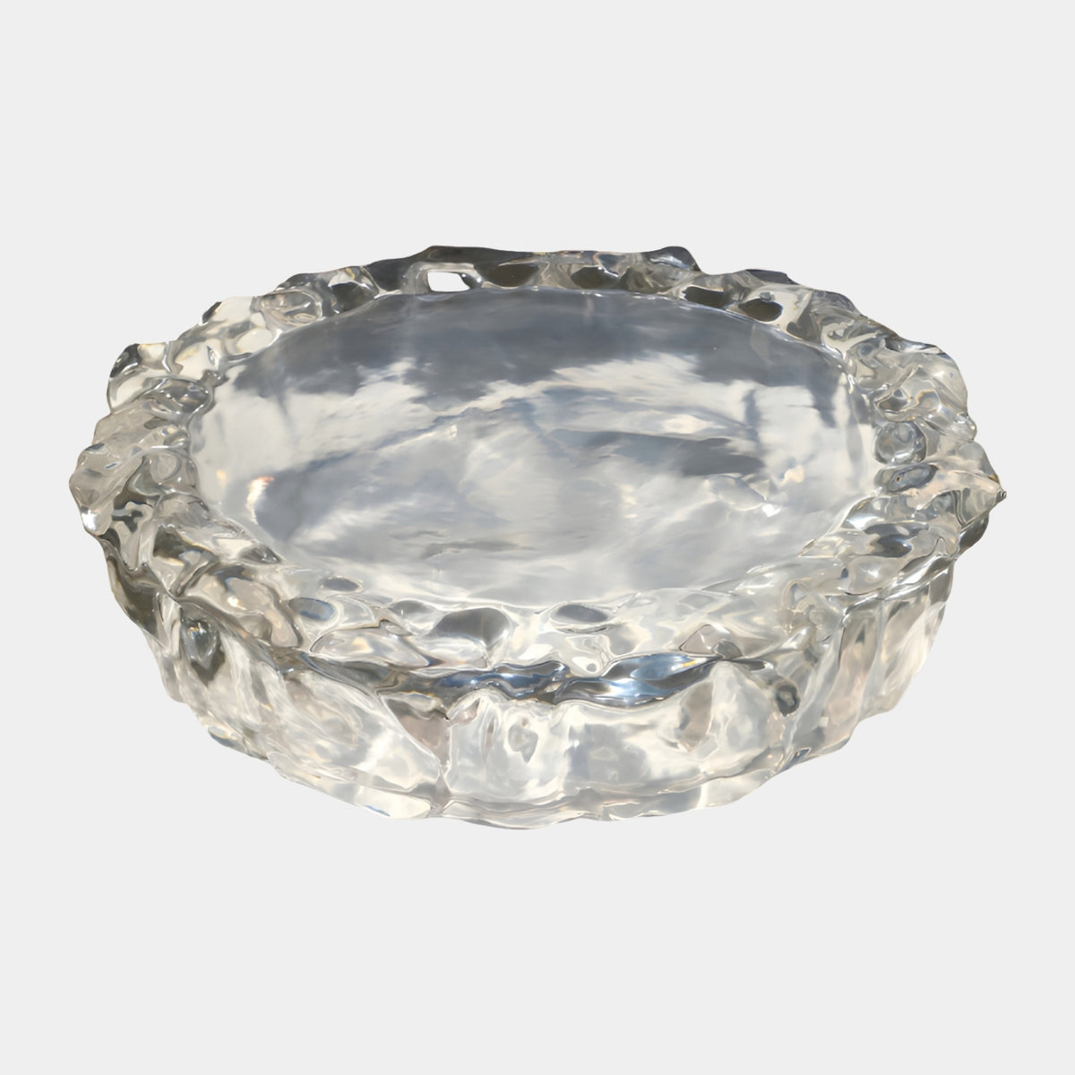 Clear Molten Rim Hollow Cast Resin Low Table (130cm) by Giant Sculptures, showing its dished face and uneven rippled rim against a plain white background.