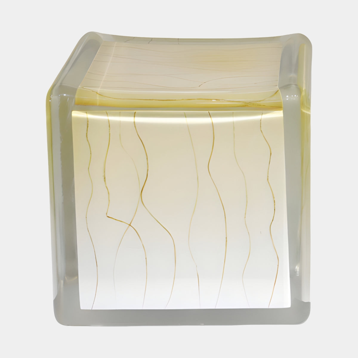 Cream Set Thread Cast Resin Cube Stool - 40cm with rounded corners and fine dark vertical threads in translucent resin, shown on a plain white background.