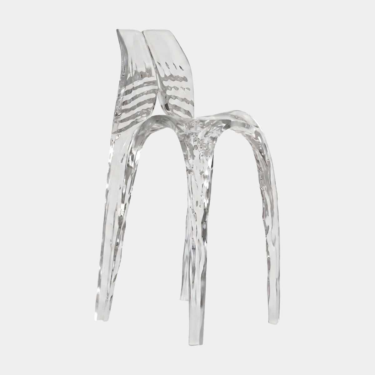 Clear Dripped Leg Cast Resin Bar Stool, 110cm, with rippled back, seat, and drip-textured legs resembling running water, shown on a plain white background.