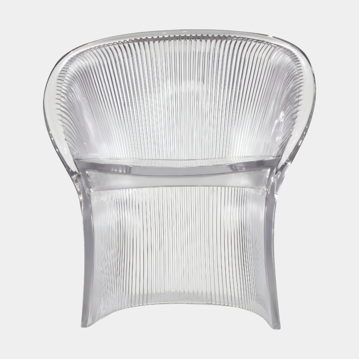 Clear Finely Ribbed Shell Cast Resin Armchair, 85cm, front view showing fine vertical ribbing and flared legs, shown against a plain white background.