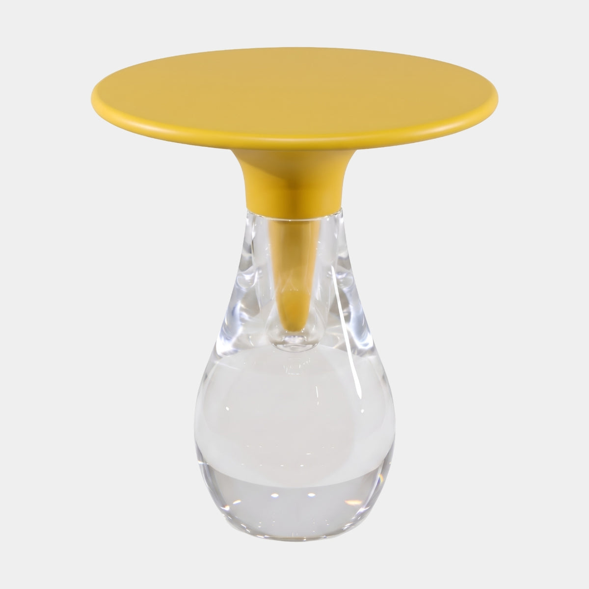 Yellow Timber Trumpet Top Clear Teardrop Side Table - 45cm by Giant Sculptures, with a round yellow top on a tapered stem set into a clear resin teardrop base, shown on a plain white background.