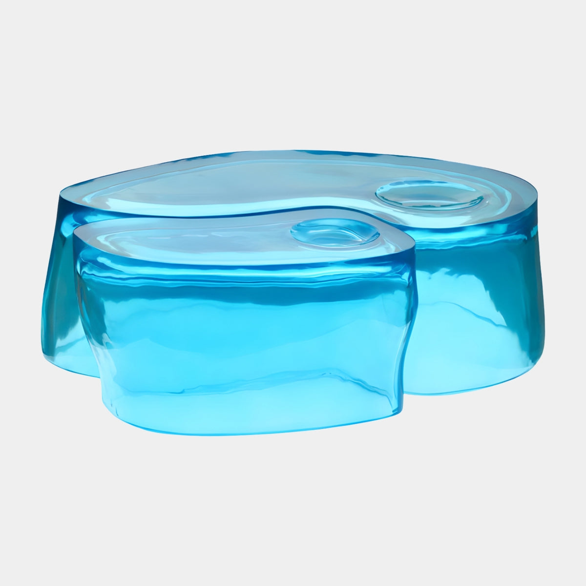 Blue Nesting Lobe Resin Coffee Table, 65/105cm, translucent blue nested teardrop lobes with sunken circular dishes on top, shown on a plain white background.