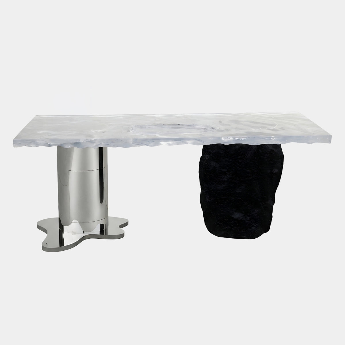 Clear Slab Steel Column & Black Rock Dining Table (200cm) with rippled resin top, polished steel column base, and rough black rock pillar, on plain white background.