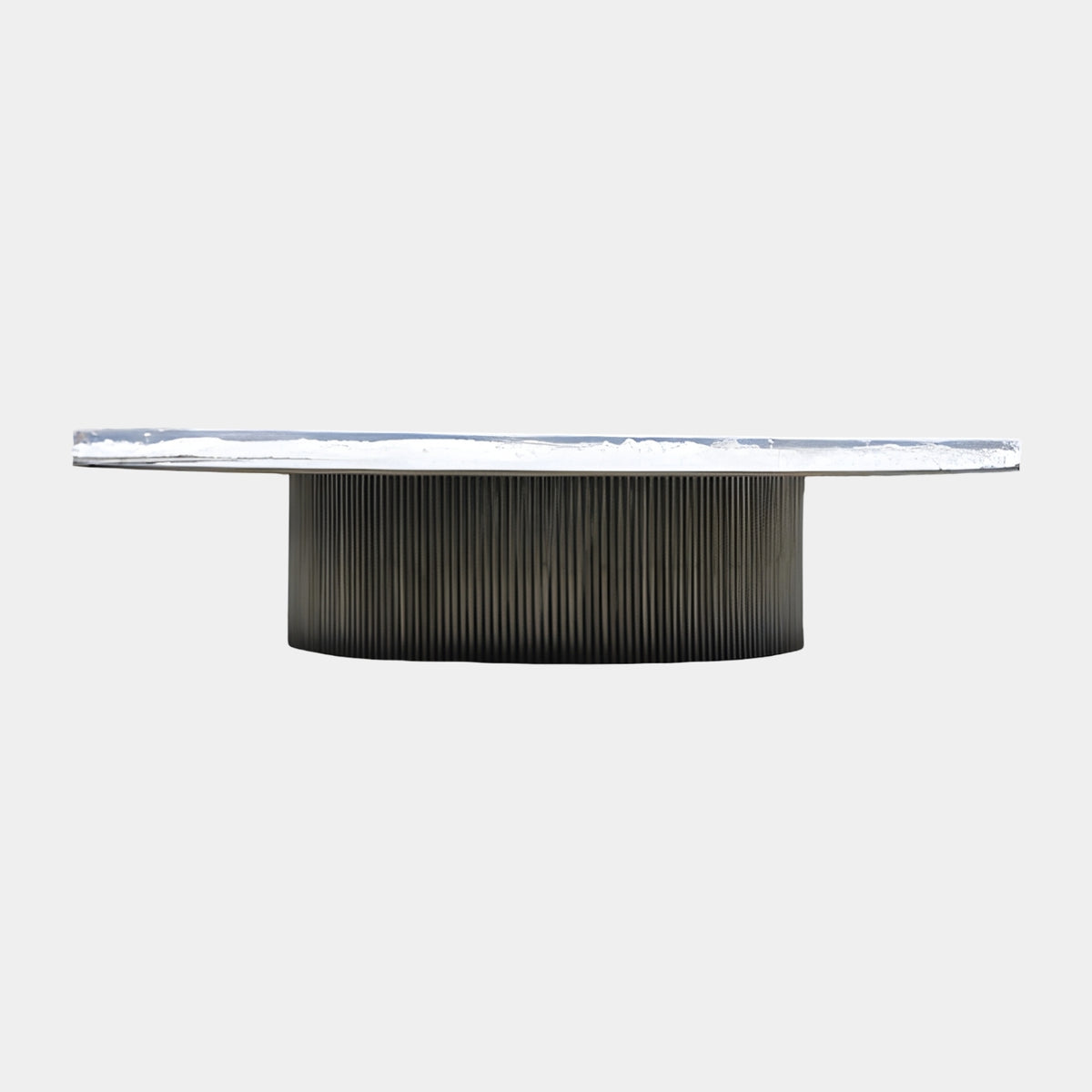 Clear Ripple Disc & Brown Fluted Steel Drum Low Table, 135cm, with a torn-edge resin top over a fluted brown steel drum base, shown on a plain white background.