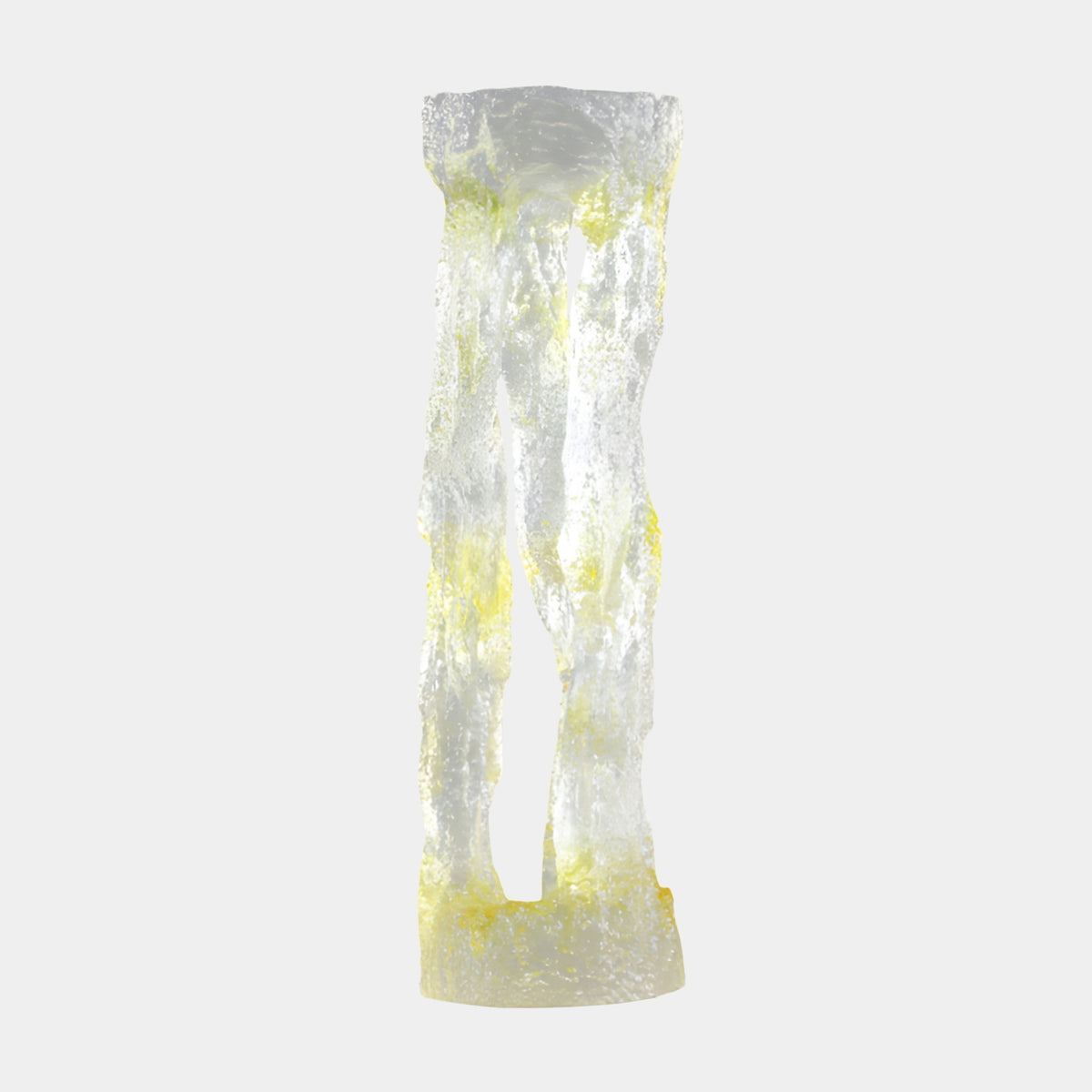 Yellow Inclusion Cleft Trunk Cast Resin Sculpture - 100cm, a clear textured split-trunk column with yellow pockets throughout, on a plain white background.