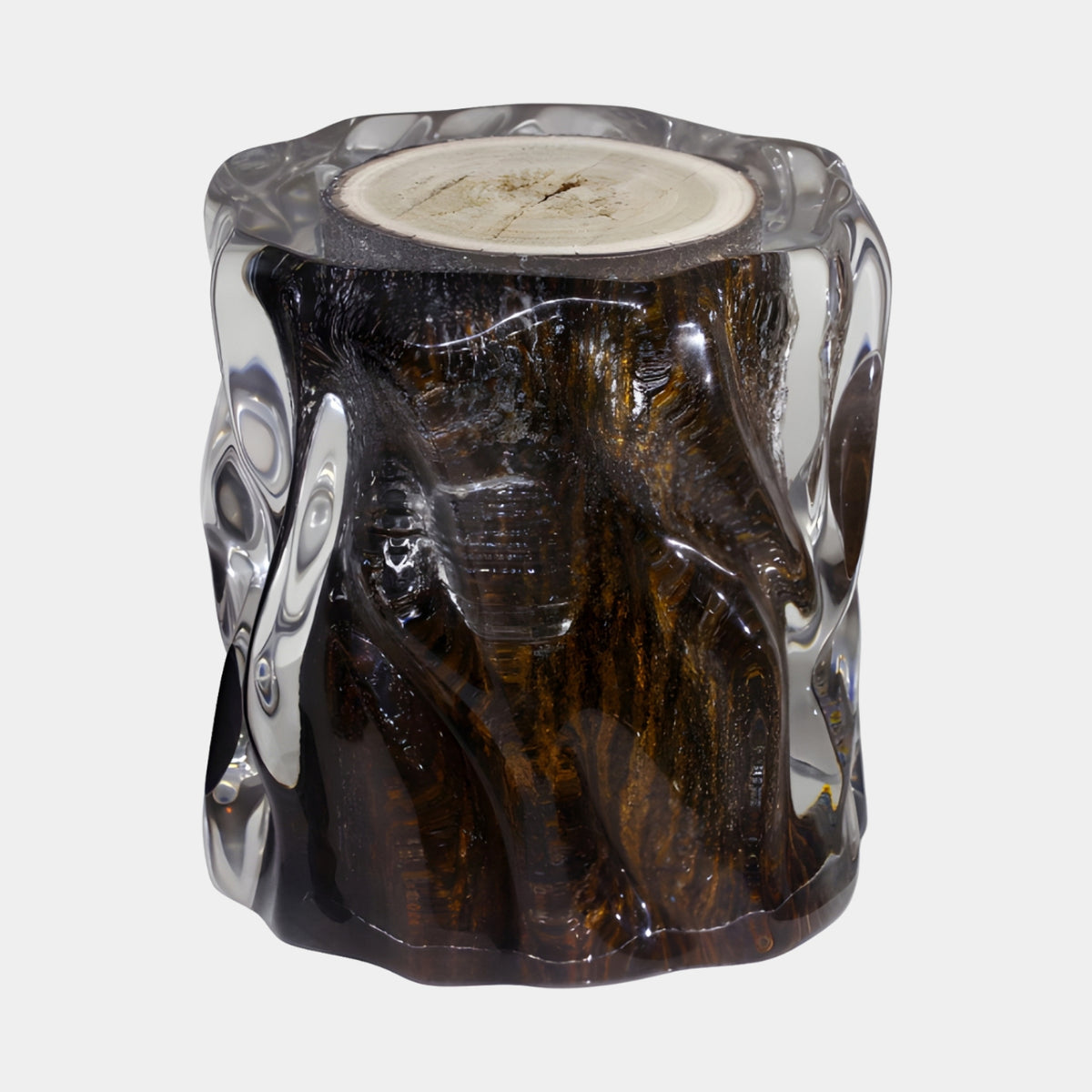 Barked Log Core Molten Clear Resin Stool, 40cm, showing a bark-covered trunk section with pale cut-end top, cased in rippled clear resin against a plain white background.