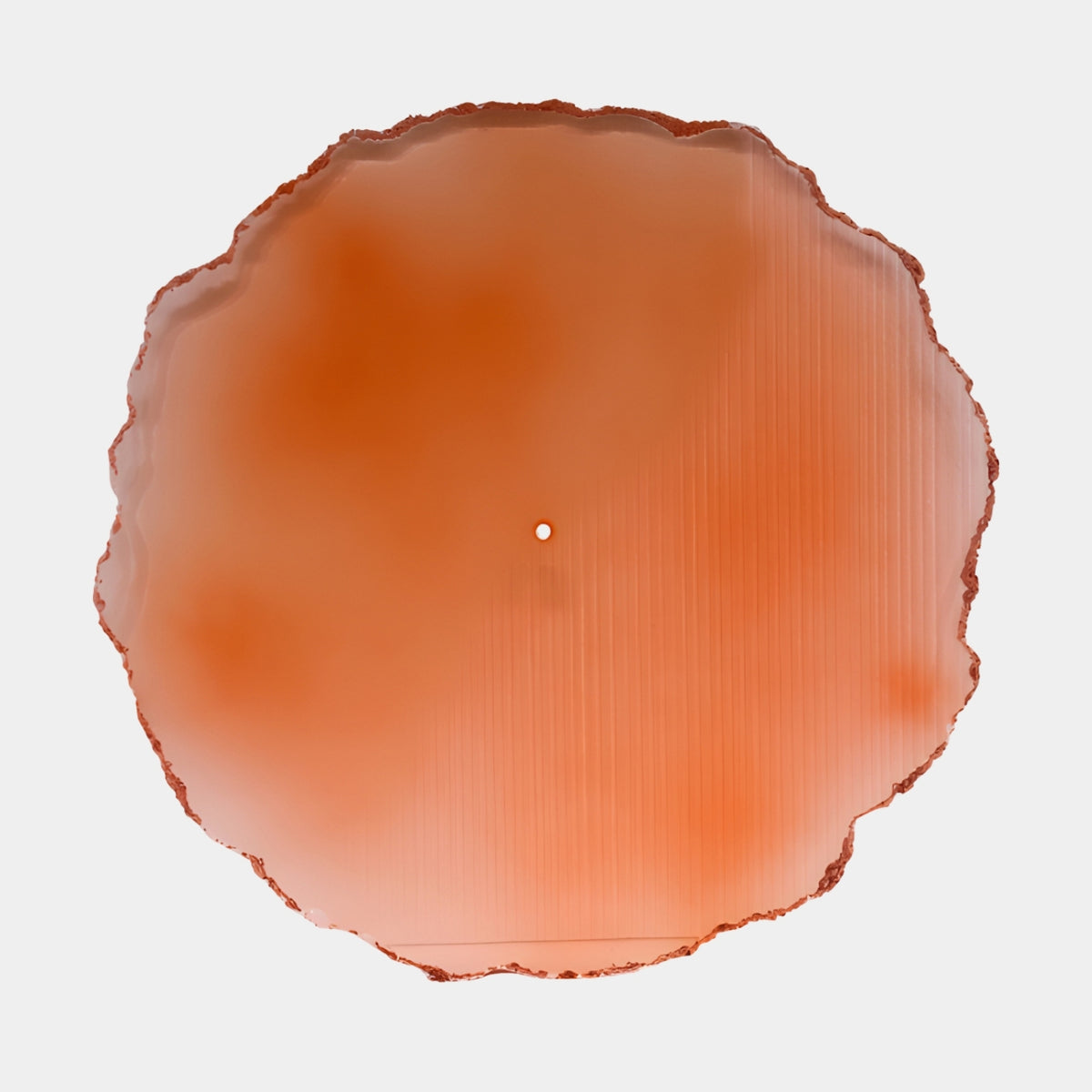 Orange Torn Rim Frosted Acrylic Tabletop - 60cm, round disc with irregular coral-toned edge and central fixing hole, shown on a plain white background.