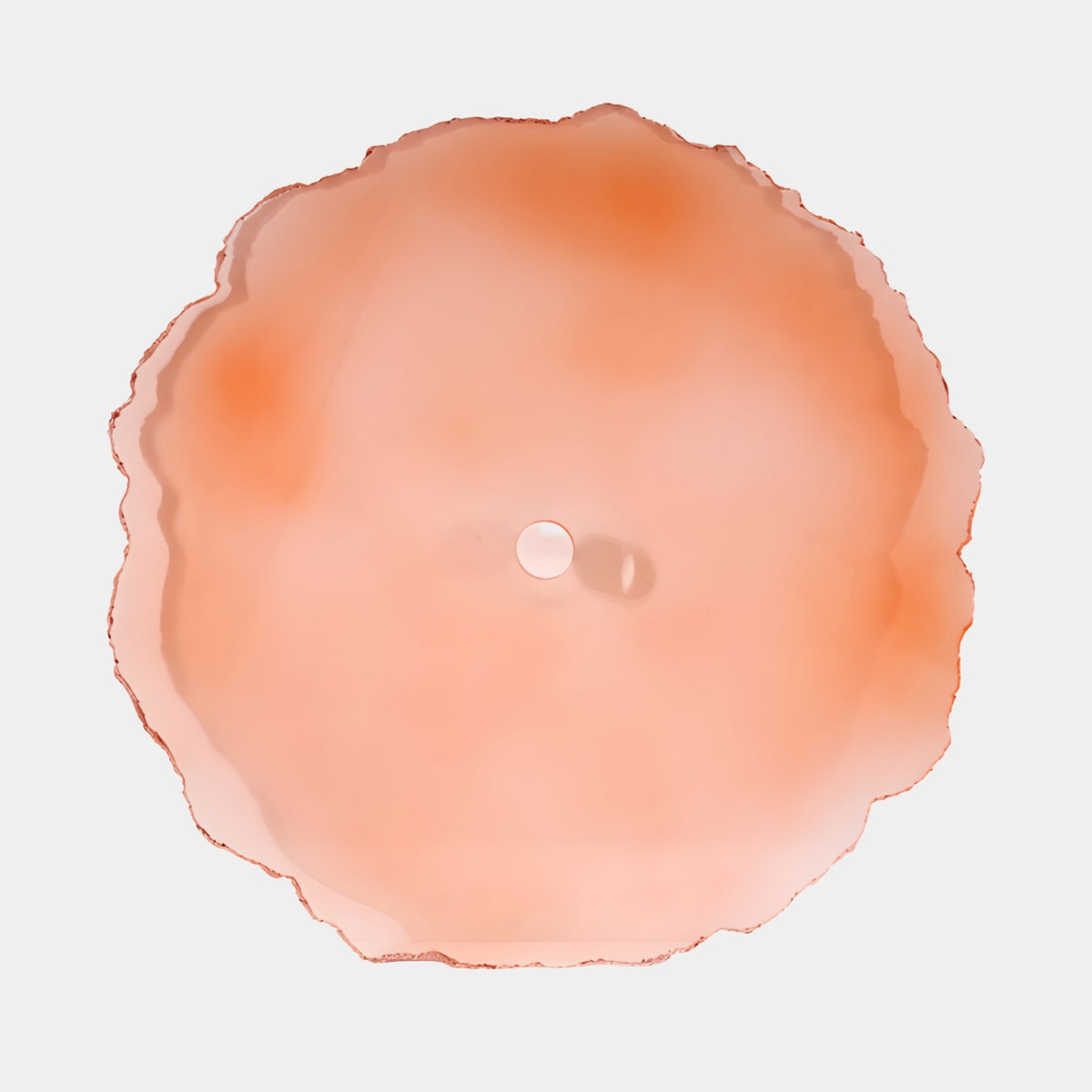 Coral Torn Rim Frosted Acrylic Tabletop (110cm) by Giant Sculptures, round disc with irregular torn edge and center fixing hole, shown on a plain white background.