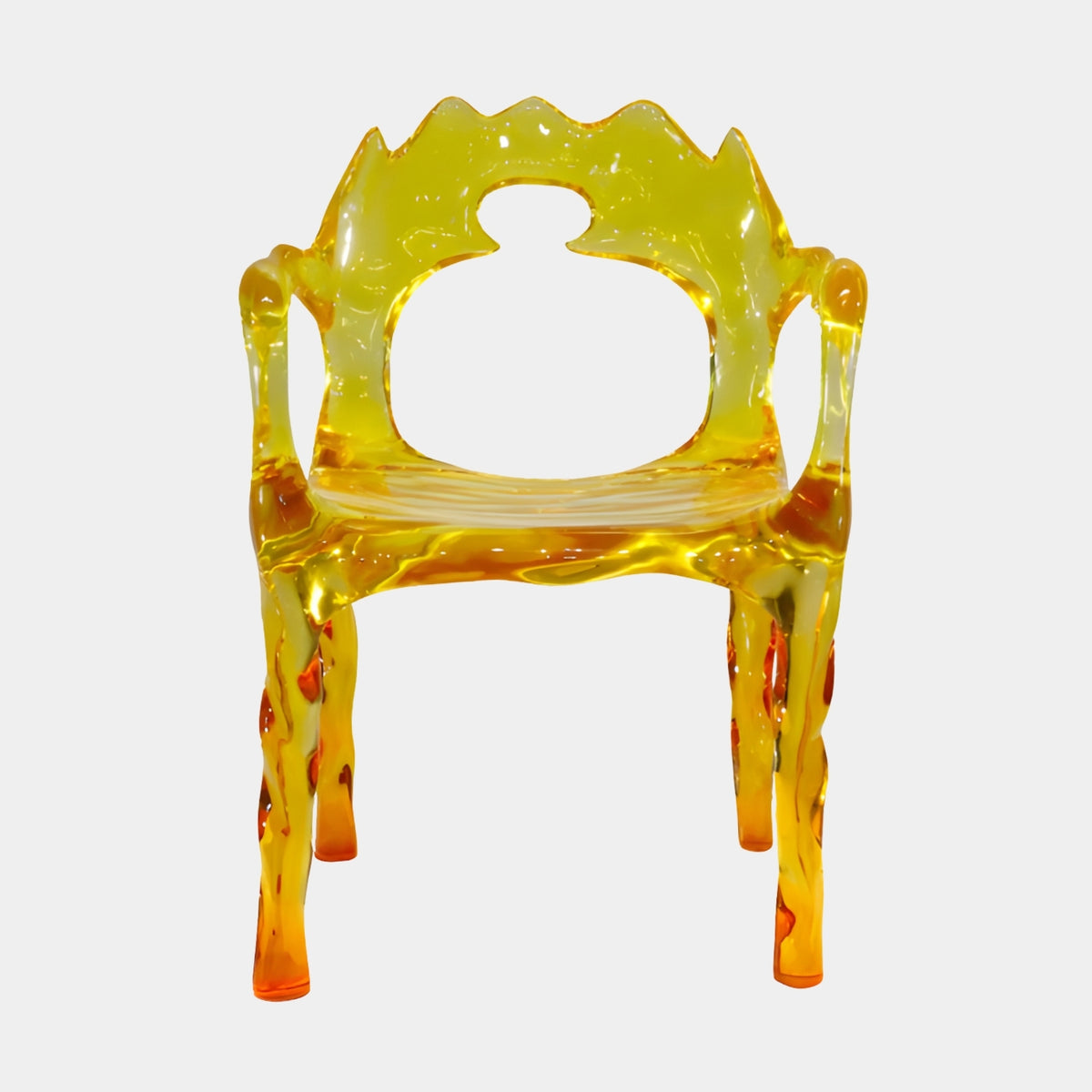 Yellow to Orange Melting Frame Resin Armchair, 90cm, with crested arched back and dripping legs, shown on a plain white background.