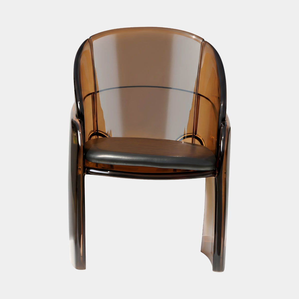 Brown Smoked Tub Shell Cast Resin Armchair, 89cm, translucent barrel-back shell with black upholstered seat pad, shown on a plain white background.