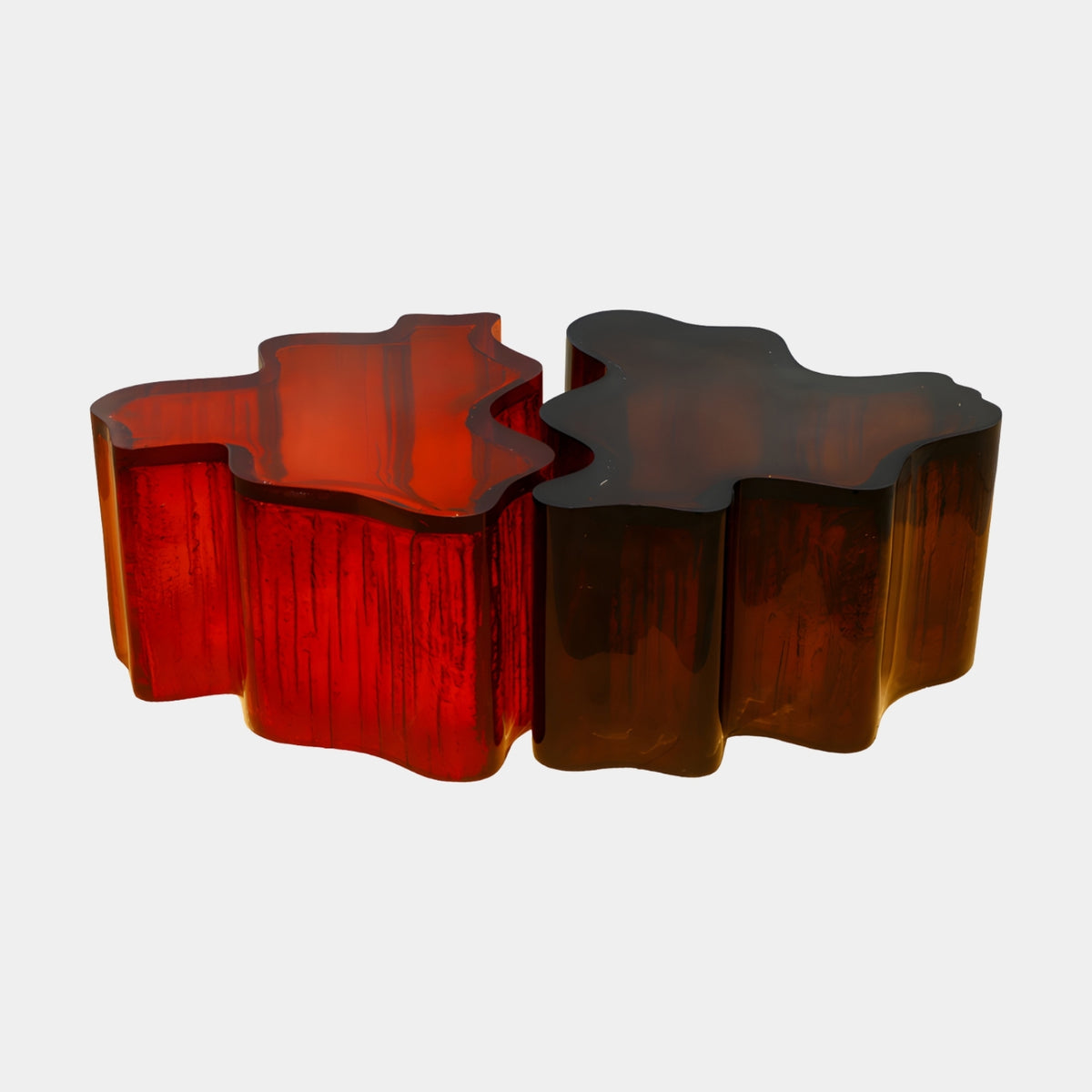 Red & Brown Interlocking Lobed Resin Table Set of Two, 110cm, with irregular lobed tops fitted together, shown on a plain white background.