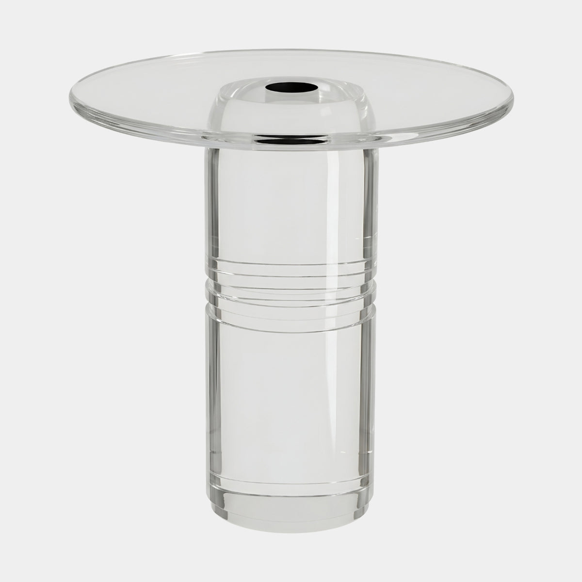 Clear Banded Column Solid Resin Stand (50cm) by Giant Sculptures, polished cylinder with three incised bands below a flat disc with a center hole, on a plain white background.