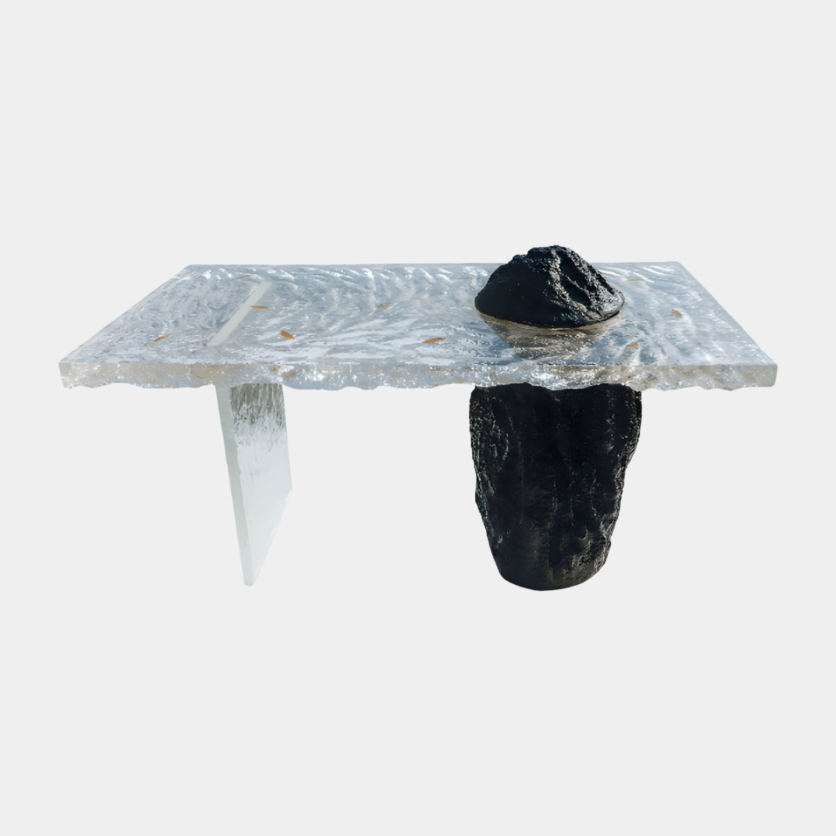 Clear Slab Black Rock Cast Resin Console, 124cm, with a rippled clear resin top on a clear blade leg and a black rock base, topped by a black peak, on a white background.