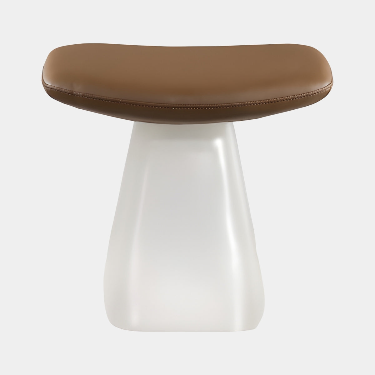 Brown Saddle Seat White Resin Stool - 49cm with stitched tan upholstered seat on a frosted white flared pedestal base, shown on a plain light background.