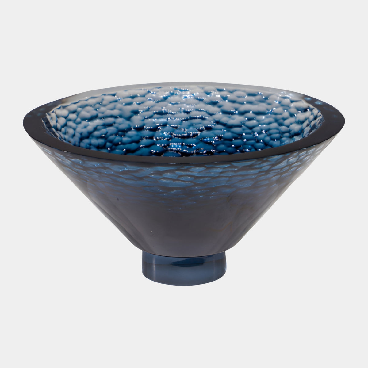 Blue Dimpled Cone Cast Resin Bowl, 40cm, cone-shaped with dimpled texture on a round foot, pale blue interior and deep blue exterior, on a plain white background.