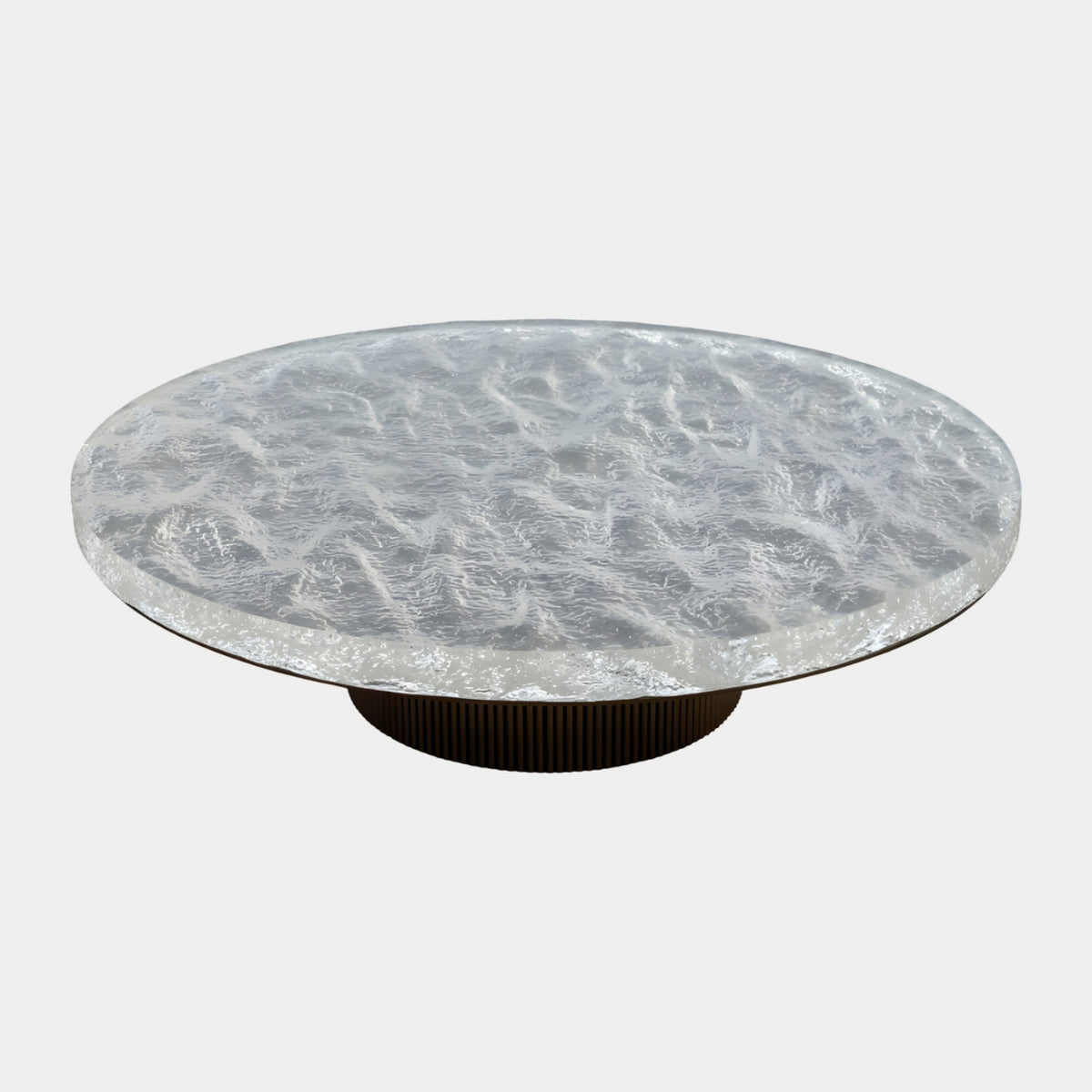 Clear Crazed Disc Fluted Steel Drum Table, 110cm, with a silvery crazed glass top over a mirror sheet on a fluted bronze base, shown on a plain white background.