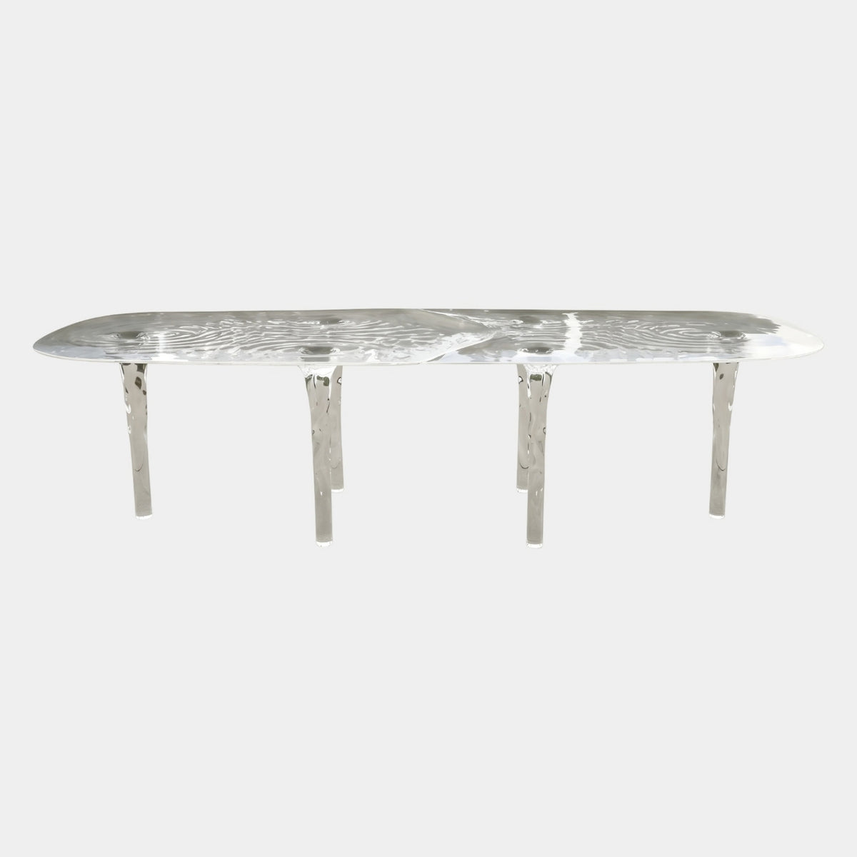 Clear Twin Ripple Four Leg Resin Dining Table - 300cm with a torn edge, rippled dual-ring surface, and four tapering clear legs, shown on a plain white background.