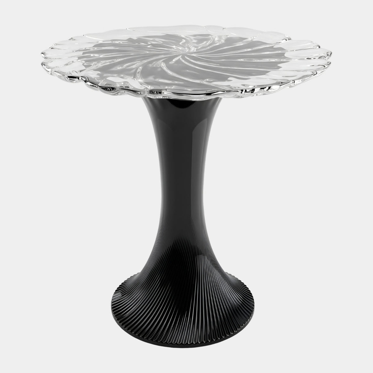 Clear Flower Top Ribbed Pedestal Round Table, 75cm, with a lobed acrylic top on a finely ribbed black pedestal base, shown on a plain white background.
