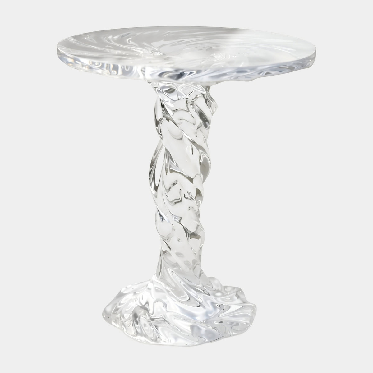 Clear Twisted Stem Cast Resin Side Table, 57cm, with a rippled round top and twisted stem flowing into a splayed foot, shown on a plain white background.