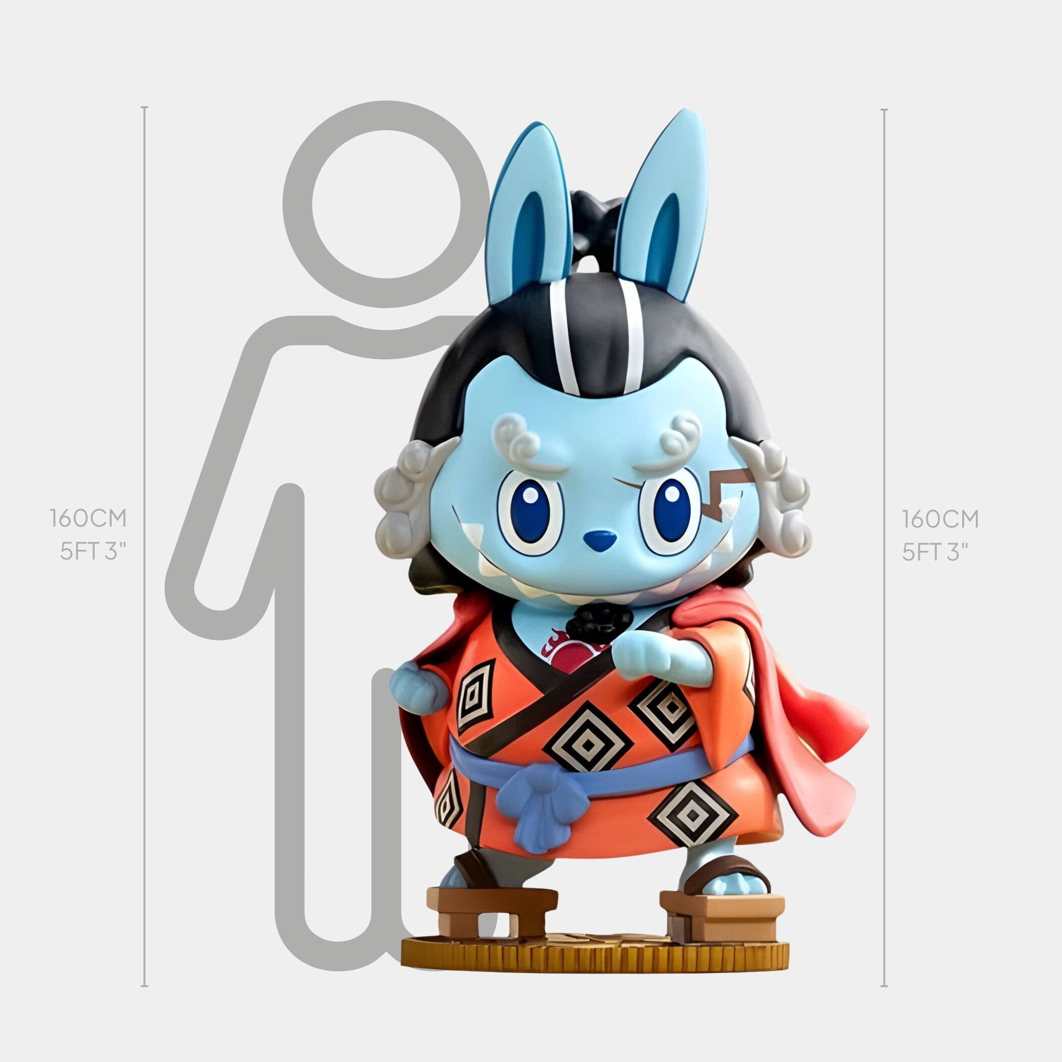 The Grand Line Jinbei Labubu Sculpture by Giant Sculptures is a 160cm tall blue, rabbit-like figure with samurai accents and a red and black kimono, shown next to a human silhouette for scale.