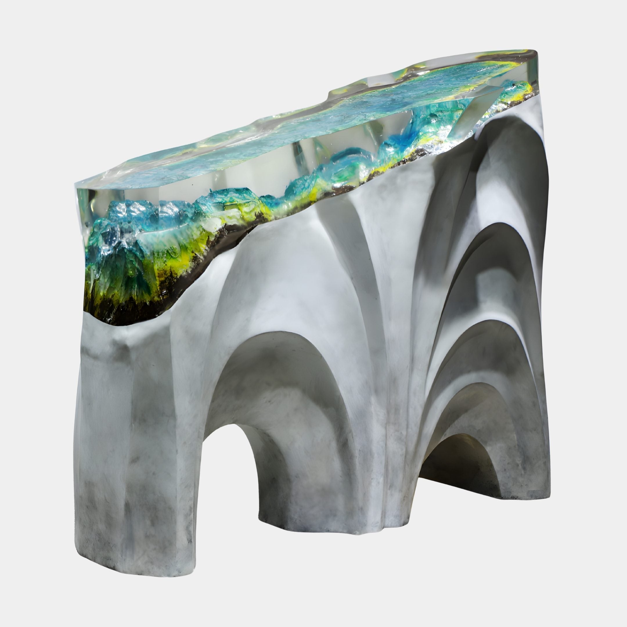 Giant Sculptures Clear Resin Multi-Arched Glacial Landscape Console in grey-white fibreglass with a green-teal resin crest, shown at an angle on a plain background.
