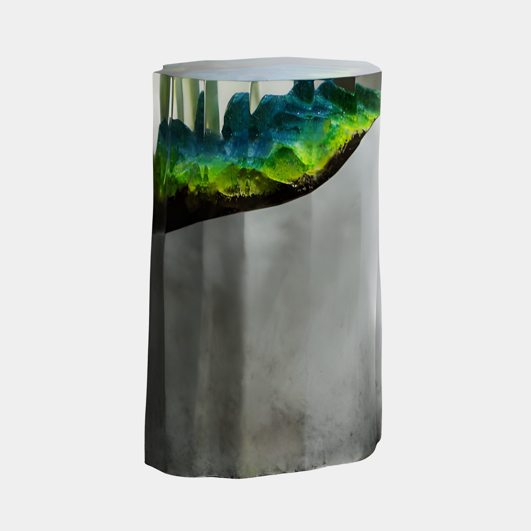 Giant Sculptures Clear Resin Waterfall Cliff Landscape Sculpture 70cm, a cylindrical fibreglass piece with green-blue sea over a grey cliff, on a plain background.