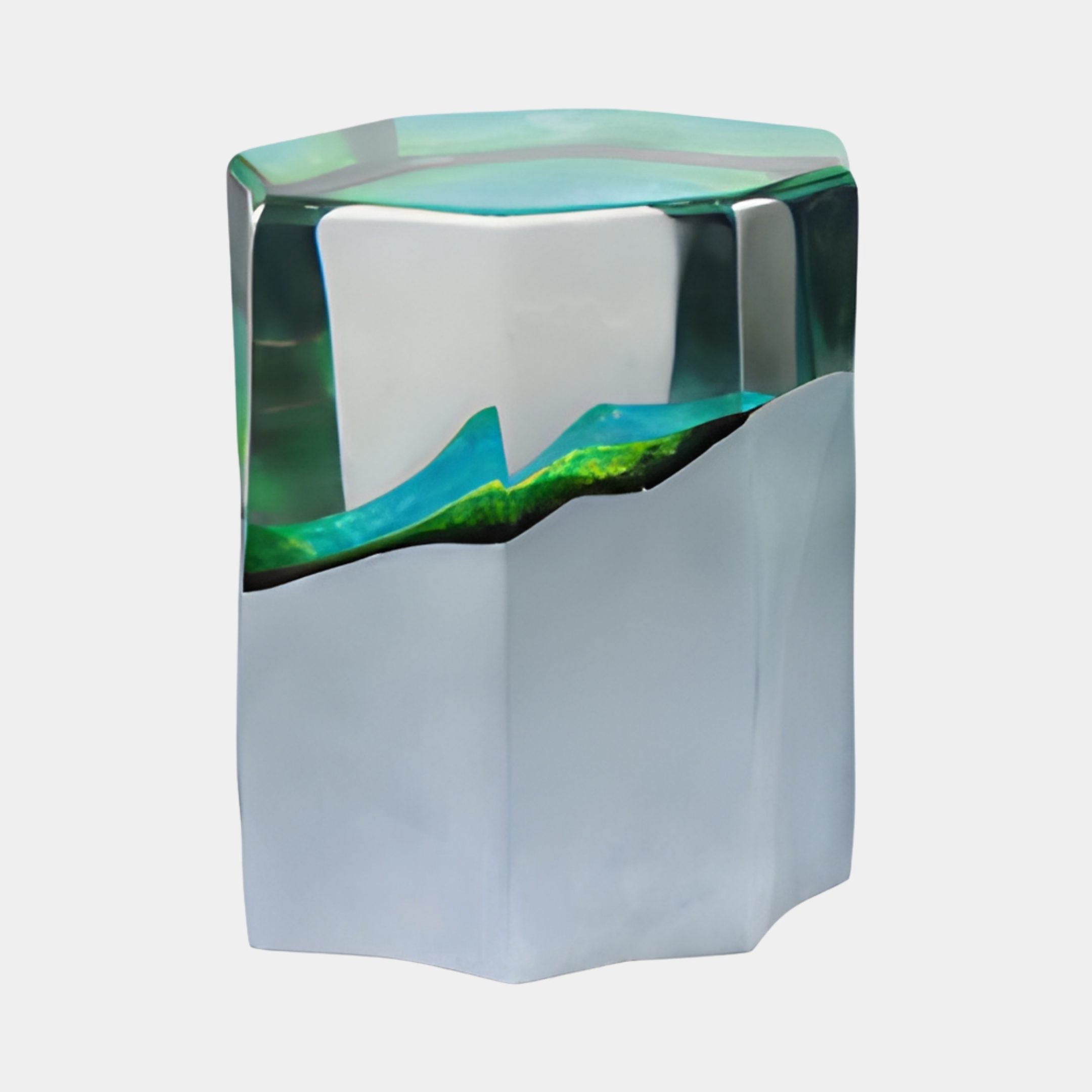 Clear Resin Hexagonal Landscape Stool Sculpture by Giant Sculptures, 41cm, with a green-blue ocean band above a frosted faceted base on a plain background.