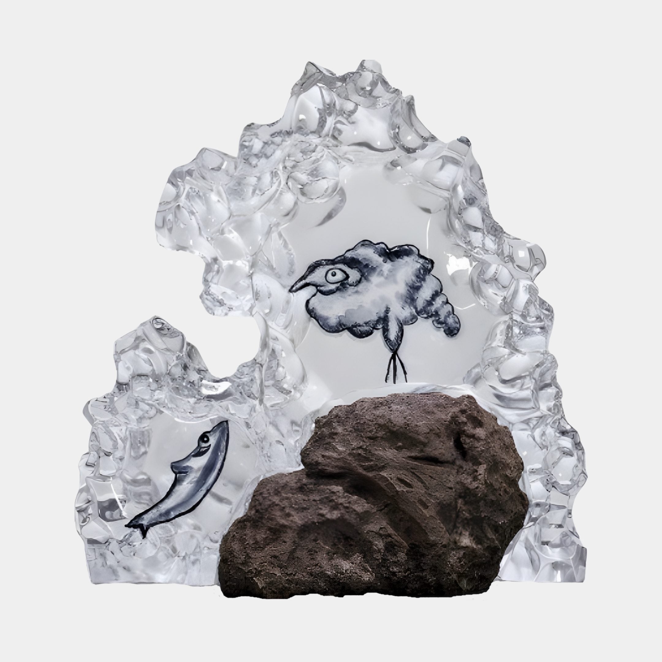 Giant Sculptures Natural Rock with Illustrated Bird & Fish Clear Resin Sculpture 51cm, featuring etched bird and fish illustrations with a dark stone base.